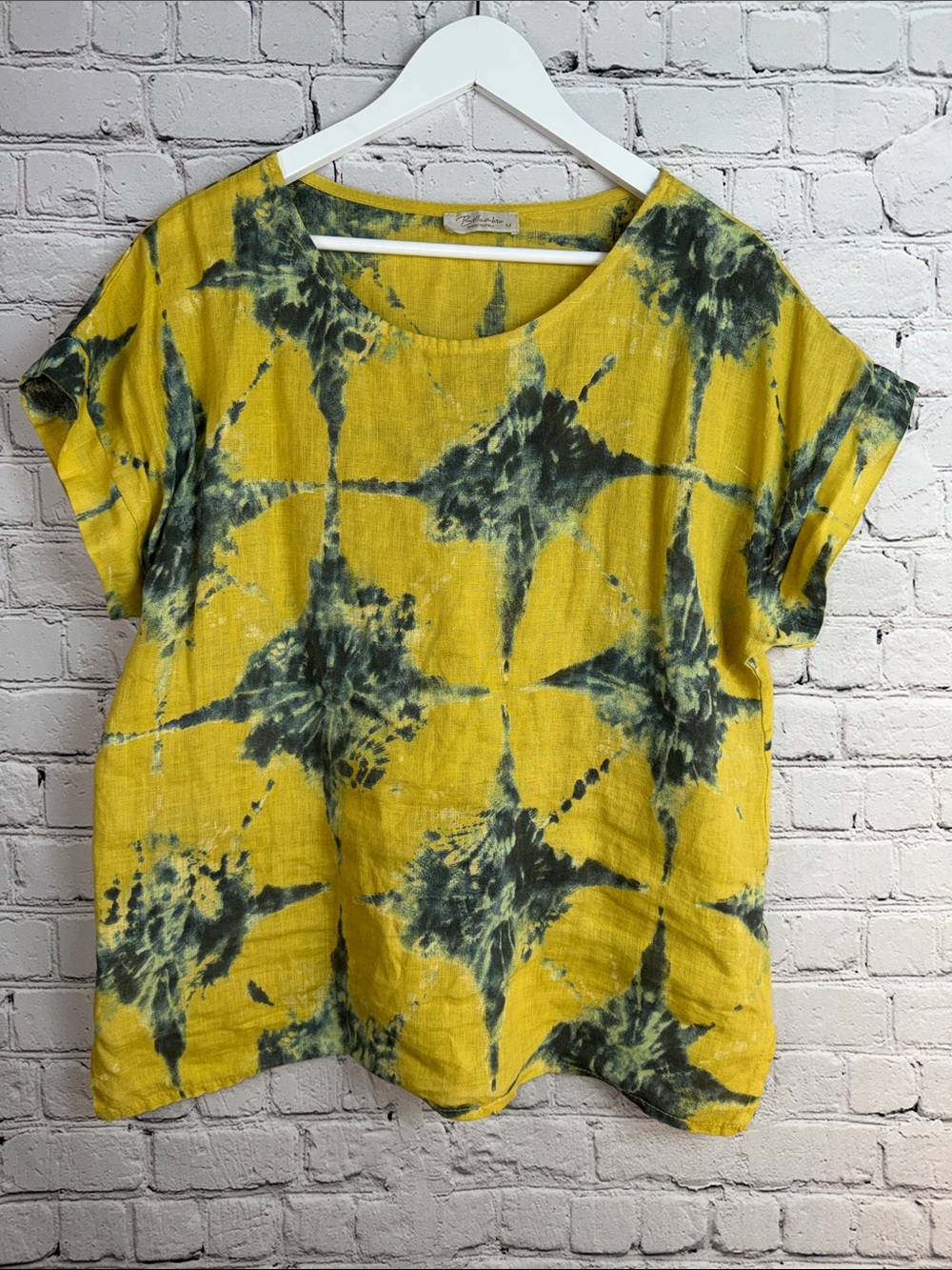 BELLAMBRA Made in Italy Yellow Linen Tie Dye Short Sleeve Top Size M